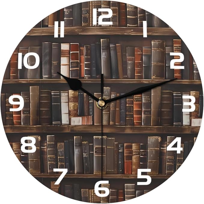 Retro Bookshelf Books Wallpaper Wall Clock Battery Operated 10 in Round Wall Clocks Slilent Non Ticking Quartz Analog Clock for Bedroom Kids Living Room Classroom Decor