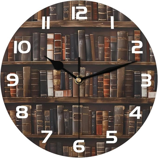 Retro Bookshelf Books Wallpaper Wall Clock Battery Operated 10 in Round Wall Clocks Slilent Non Ticking Quartz Analog Clock for Bedroom Kids Living Room Classroom Decor