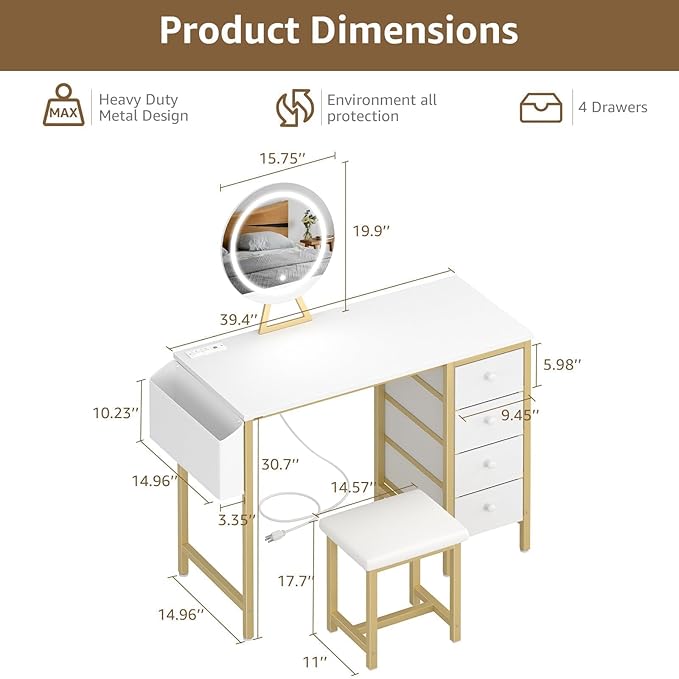 Gold Vanity Desk with Mirror and Light- Makeup Vanity Set Table with Chair, Storage, Lighted Mirror, 4 Large Fabric Drawers & Power Outlet, Dressing Table Vanities for Girls Bedroom