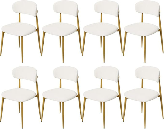 Velvet Dining Chairs Set of 8, Modern Kitchen Chairs with Curved backrests and Metal Legs, Upholstered Dining Chairs for Dining Room,White and Gold