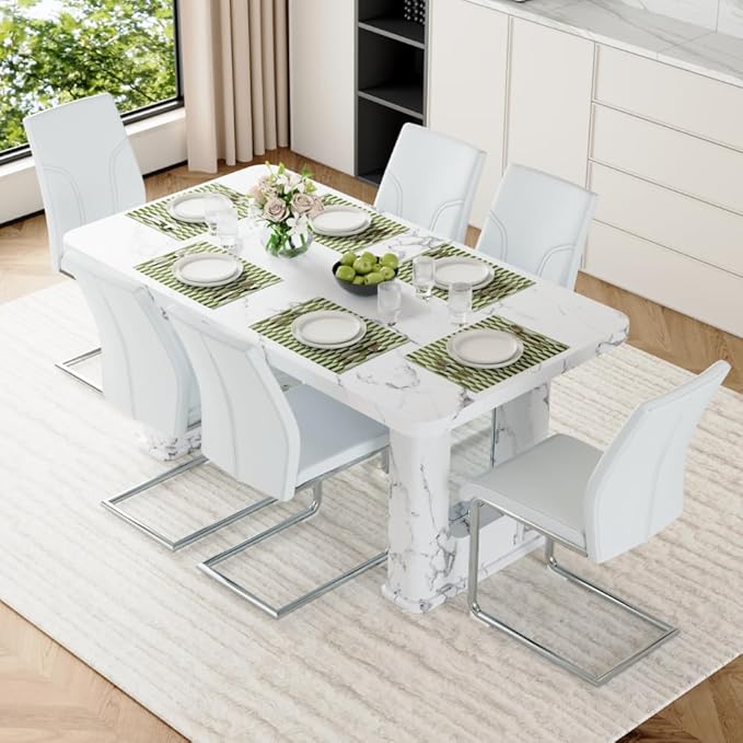 64.5" White Dining Table Set for 6, Modern Kitchen Table and Chairs Set with PU Leather Cushioned Chairs & Decorative Pedestal Base, 7 Piece Marble Pattern Dining Table Set for Dining Room or Kitchen