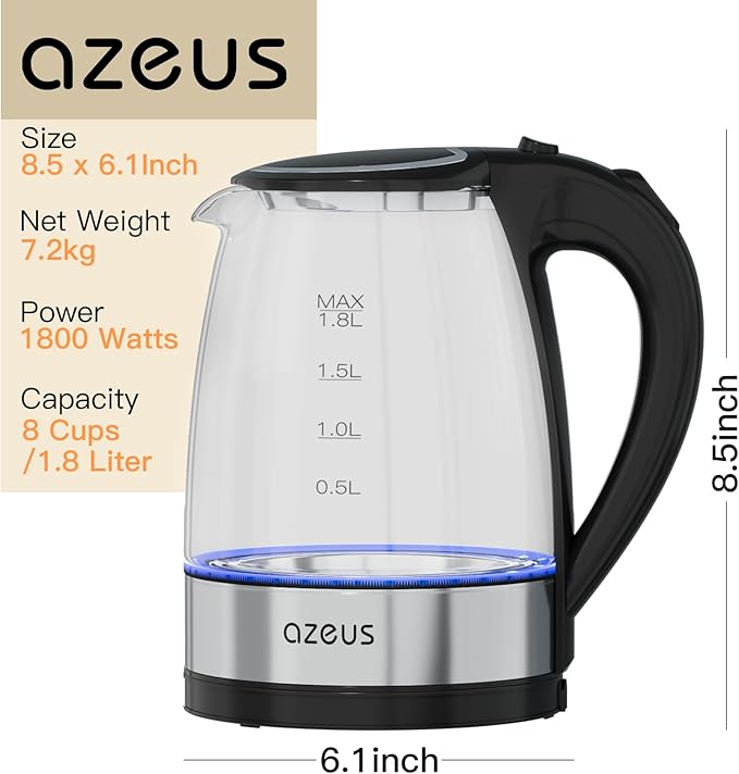 AZEUS Fast Boil Electric Water Kettle, 1.8L Large Capacity with Auto Shut-Off and Boil-Dry Protection, BPA-Free Borosilicate Glass &Stainless Steel