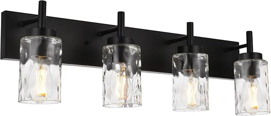BONLICHT 4 Light Wall Vanity Bathroom Lights with Clear Hammered Glass in Black Finish,Modern Farmhouse Sconces Wall Lighting Fixtures Over Bath Makeup Mirror Industrial Wall lamp for Kitchen Hallway
