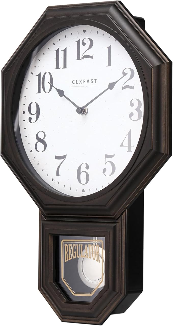 CLXEAST Pendulum Wall Clocks for Living Room Decor, Large Schoolhouse Regulator Clock with Pendulum,Oil Rubbed Bronze Black Plastic,House Warming Gifts New Home,12" W x 17" H
