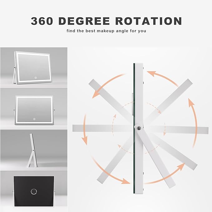 Hasipu Vanity Mirror with Lights and Bluetooth Speaker, 17.7" x 13.8" LED Makeup Mirror with 10X Magnification, Smart Touch 3 Colors Dimmable, Brightness Adjustment, 360° Rotation, White