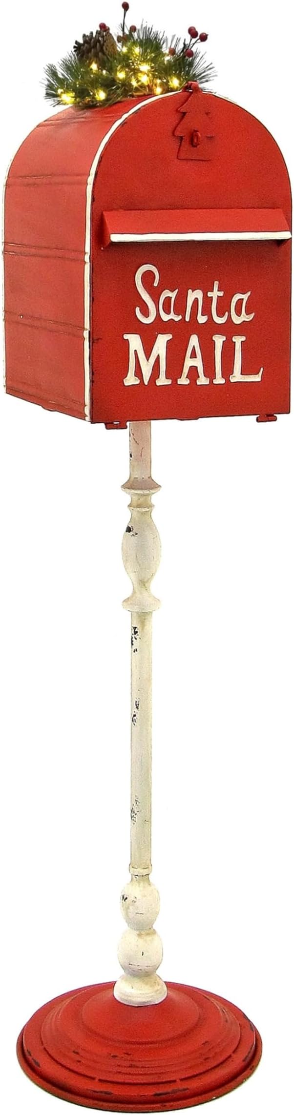 42" Tall Metal Standing Santa's Mail Christmas Mailbox with Light-up LED Wreath (Red Top)