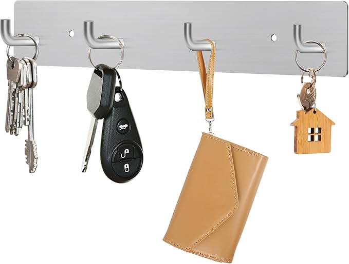 RELBRO Key Holder Wall Mount, Large Metal Self Adhesive Key Rack with 4 Hooks, 2 Installation Options, Silver