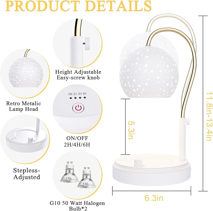 Candle Warmer Lamp with Timer, Candle Warmer Lamp Adjustable Height with 2 Bulbs, Dimmable Electric Candle Warming Lamp for Scented Jar Candles, White