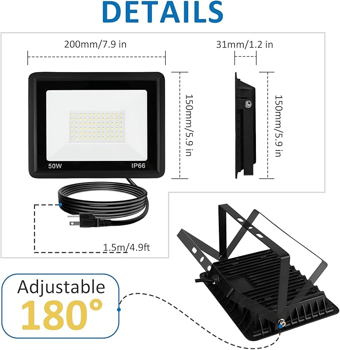 50W LED Flood Light Outdoor, 5000LM Super Bright Floodlight Outside Work Light with Plug, 6500K Daylight White LED Flood Light Outdoor, IP66 Waterproof Outdoor Flood Light-1Pack