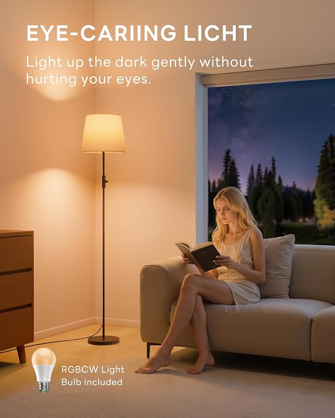 Dimmable Floor Lamp, 1200 Lumens RGBCW Color Change Bulb Included, Standing Lamp with Linen Shade, 62" Tall Lamp with Remote for Living Room, Bedroom, Office, Dining Room, Kitchen, Black