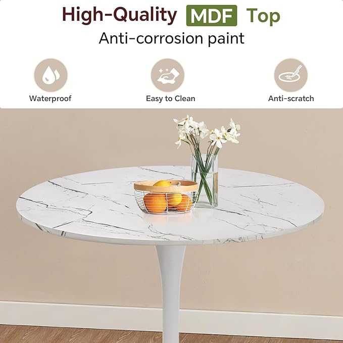 Small Space 31.5 Inch White Faux Marble Round Tulip Dining Table - Mid Century Pedestal Base Kitchen Table for 2-4 People - Easy Assembly & Easy to Clean