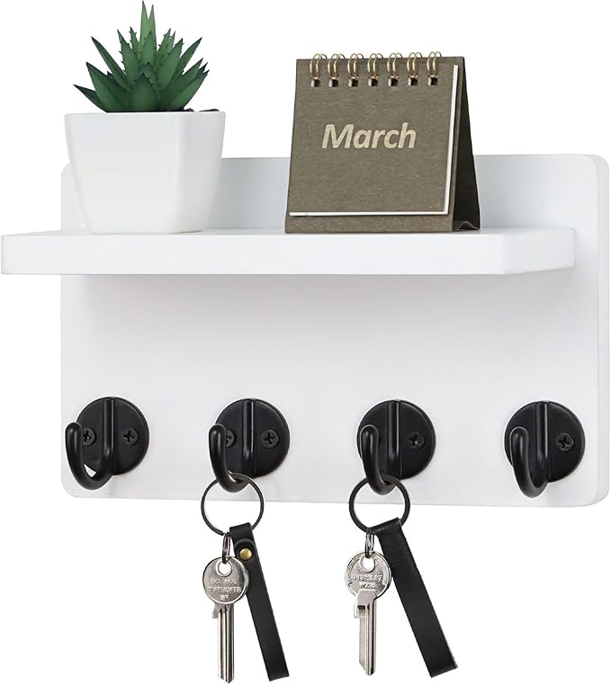 Nekon Key Holder Wall Mount, 8.5 Inch Small Home Decor Wooden Wall Organizer with 4 Hooks and Shelf, Wall Decor for Living Room Entryway Kitchen (White)