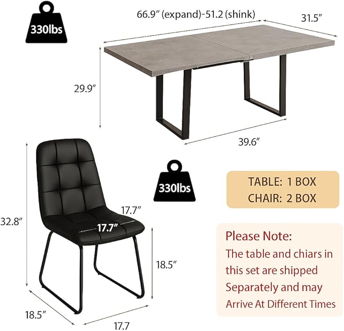 ZckyCine 67" Expandable Dining Table Set for 6, 7-Piece Modern Dining Room Table Set with Gray Wood Grain Finish and Upholstered Chairs, Extendable Kitchen Table with Black Metal Legs