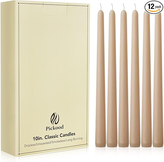 New Burning Formula Unscented Dripless 10-Inch Taper Candles Set of 12 - Beige, for Wedding, Dinner - Smokeless, Long Burning - Hand Poured, Colored Tall Candlesticks - Beige