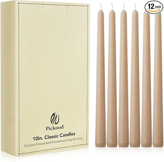 New Burning Formula Unscented Dripless 10-Inch Taper Candles Set of 12 - Beige, for Wedding, Dinner - Smokeless, Long Burning - Hand Poured, Colored Tall Candlesticks - Beige