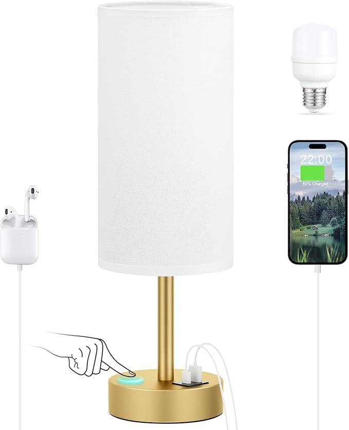 Dicoool Small Touch Bedside Lamp with USB - 3 Way Dimmable Table Lamp for Bedroom, Nightstand Lamp with Gold Charging Station for Desk Dorm, Office