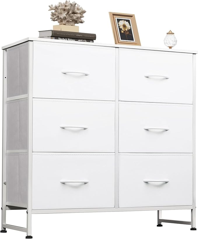 WLIVE White Dresser for Bedroom, 6 Drawer Double Dresser, Fabric Storage Tower with Fabric Bins, Chest of Drawers for Closet, Living Room, Hallway