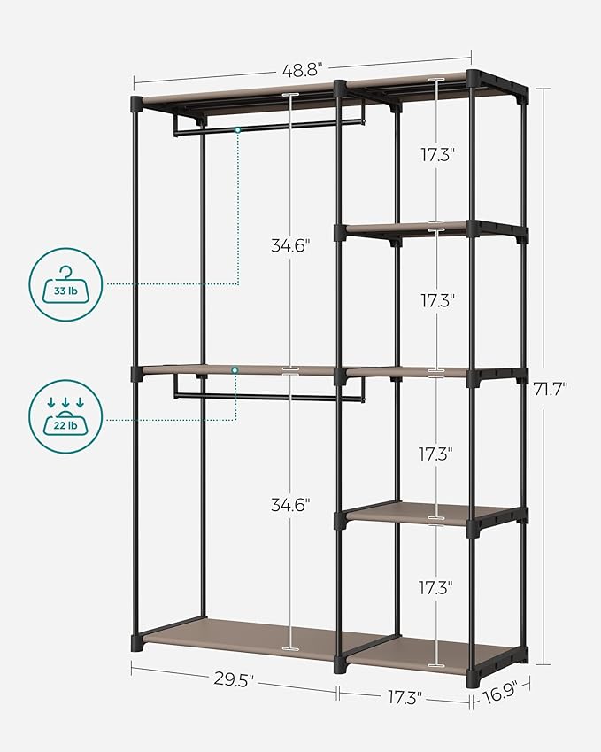 SONGMICS Portable Closet, Freestanding Closet Organizer, Clothes Rack with Shelves, Hanging Rods, Storage Organizer, for Cloakroom, Bedroom, 48.8 x 16.9 x 71.7 Inches, Taupe URYG026R02