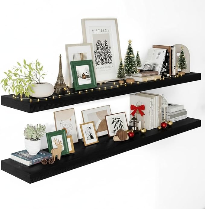 Vivelove 2" Thick Floating Shelves for Wall 55 Inches Long, 12" Deep Wall Shelves, for Bedroom, Bathroom, Living Room, Kitchen, Office, Modern Home Decor, 55" X 12" X 2", Set of 2, Black