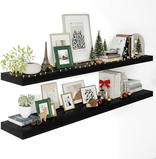 Vivelove 2" Thick Floating Shelves for Wall 55 Inches Long, 12" Deep Wall Shelves, for Bedroom, Bathroom, Living Room, Kitchen, Office, Modern Home Decor, 55" X 12" X 2", Set of 2, Black