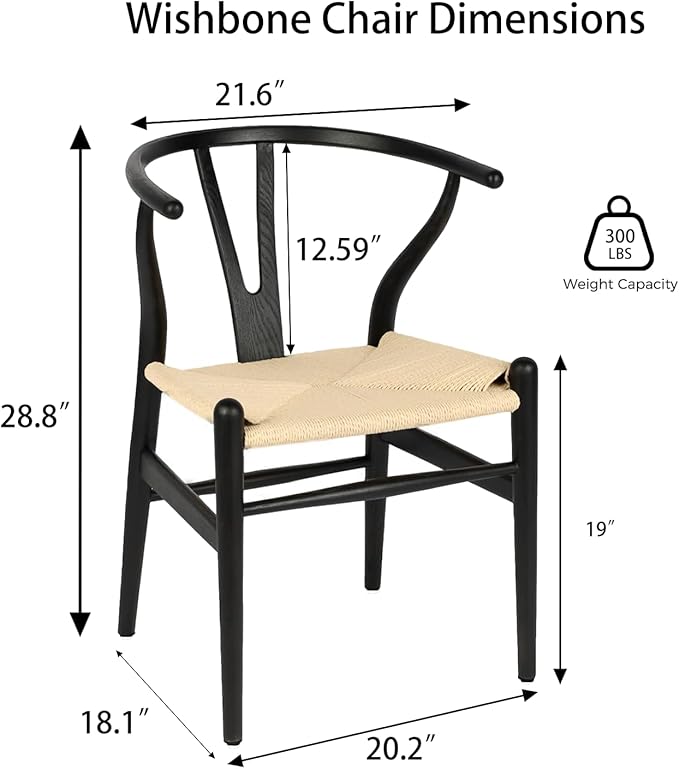 Tomile Wishbone Chair Y Chair, Wooden Dining Chairs Set of 4, Mid Century Modern Chairs with Arms, Solid Wood Weave Seat Kitchen & Dining Room Chairs (Ash Wood-Black Frame + Natural Cord)
