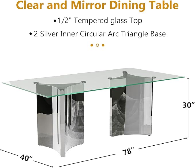 Asday 78" Glass Dining Table, Silver Dining Room Table with Double Pedestal Mirrored Stainless Steel Base, Large Modern Rectangular Kitchen Table for 6-8