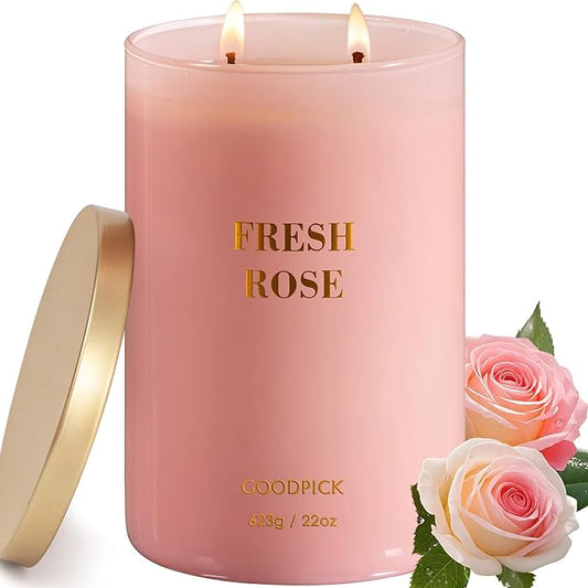Goodpick Fresh Rose Candles for Women, Pink Candle, Soy Wax 22oz Large 120 Hours Burning, Aromatherapy Candles
