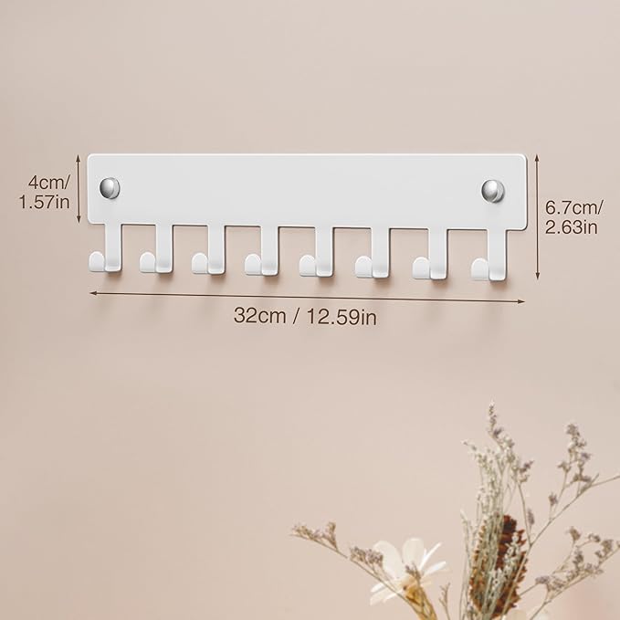 pickpiff Key Holder Wall Mount, Adhesive Key Rack with 8 Hooks Hanger for Car Key Ring, Metal Key Chain Organizer, White 1 Pack