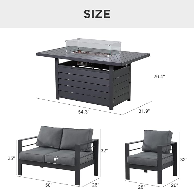 Wisteria Lane Aluminum Patio Furniture Set, 4 Piece Metal Outdoor Sofa Set with 54-INCH CSA Certified Propane Gas Fire Pit Table(Dark Grey)