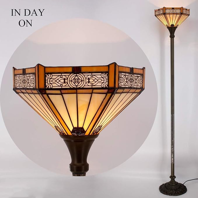 WERFACTORY Tiffany Floor Lamp Yellow Hexagon Stained Glass Mission Light 12X12X71 Inches Torchiere Standing Corner Torch Uplight Decor Bedroom Living Room Home Office S011 Series
