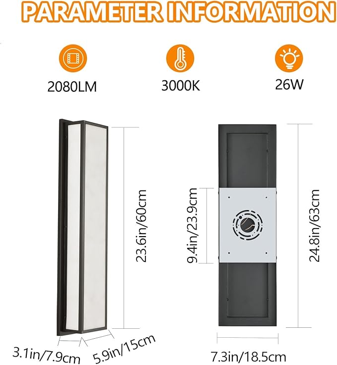 Outdoor Wall Light LED 26W, Modern Exterior Lighting Fixture with Resin Shade - 24.8in Rectangle Waterproof Porch Sconce IP65 for Garage,Front Door,Patio