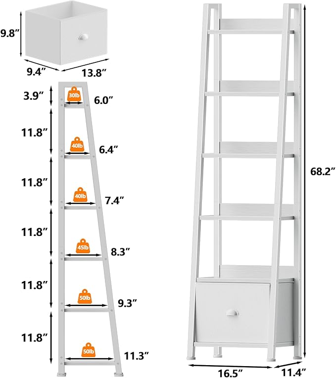 Furologee 6 Tier Ladder Shelf,Ladder Bookshelf with Drawer,Modern Tall Bookcase,Storage Rack Organizer,Wood Metal Freestanding Shelves for Living Room, Home Office, Bedroom, White