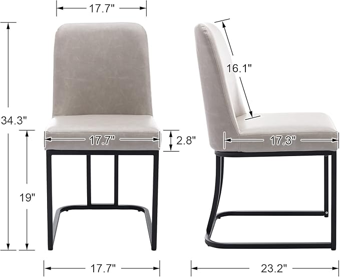 Grey PU Leather Dining Chairs Set of 4 Mid Century Modern Comfortable Dining Room Chair with Curved Backrest, Upholstered Kitchen Side Chairs with Black Metal Legs