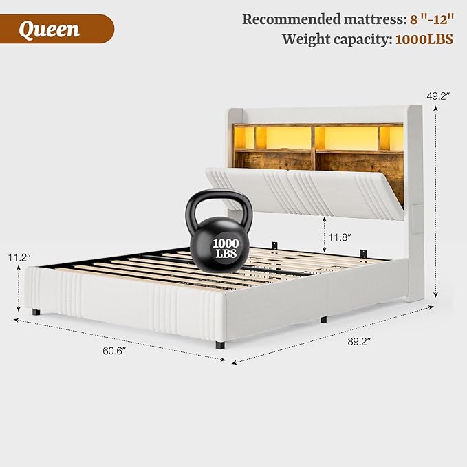IKIFLY Queen Bed Frame with Hidden Storage Headboard & 4 Drawers, 49.2” Tall Upholstered Wingback Headboard with LED Lights and Charging Station, No Box Spring Needed, Solid Wood Slats, White