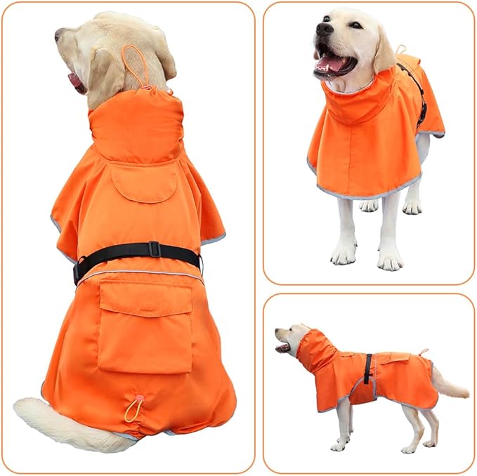 Waterproof Dog Raincoat Adjustable Dog Hooded Slicker Poncho Raincoat for Medium Large Dogs, Reflective Dog Rain Jacket(Orange, 5XL)