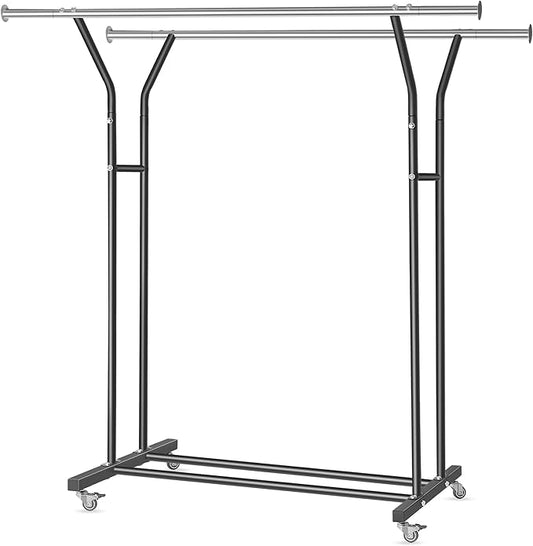 Clothing Rack, Heavy Duty Clothes Racks with Wheels and Bottom Shelf, 52.36’’ Metal Double Clothing Racks with Wheels, Wardrobe Rack for Hanging Clothes, Coats, Shirts, Skirts, Dresses, Black