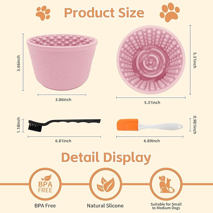 Dog Lick Bowl with Brush and Scraper, Anxiety Relief Silicone Slow Feeder Treat Dispenser, Anti-chocking Pet Dish, Non-Slip Interactive Entertainment Dog Puzzle Toy for Medium & Large-Pink