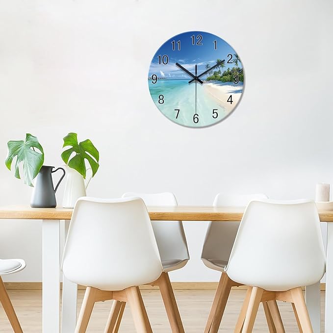XFM Blue Beach Wall Clocks Battery Operated 12 Inch Round Glass Silent Wall Clock Coastal Nautical Wall Clocks for Living Room Bedroom Kitchen Decor