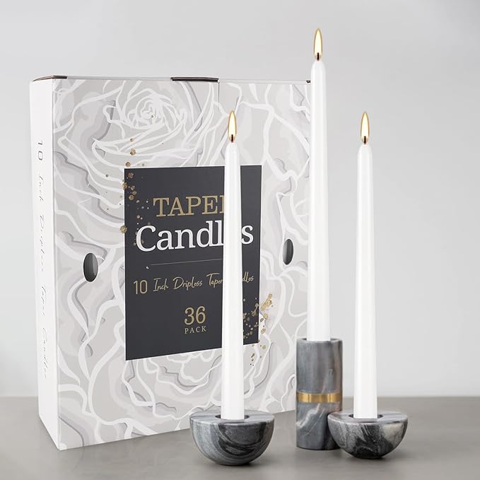 36 Pack White Taper Candles, 7-8 Hours Burn Time, Unscented, Smokeless and Dripless, 0.8 x 10 Inch Dinner Candle Set for Household, Wedding, Party and Home Décor Candlesticks
