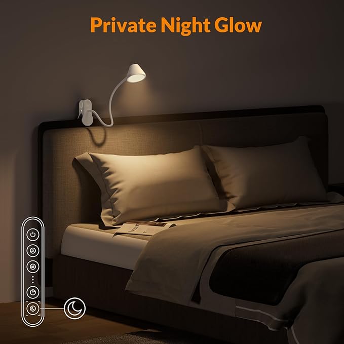 LEPOWER Clip on Light, Dimmable Book Light for Reading in Bed, 300LM Clip on Lamp, 5 Color Temperatures Clamp Light, Night Light Mode, Timer Setting, 2%-100% Brightness, for Bed, Headboard, White