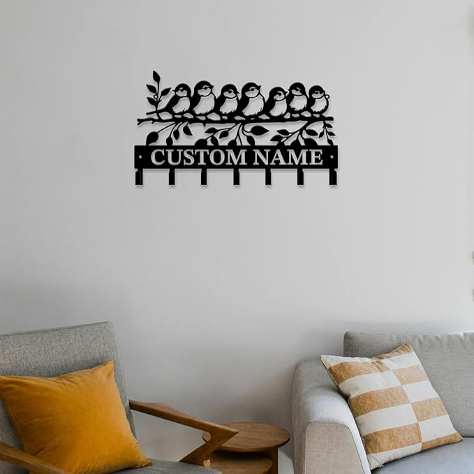Personalized Custom Name Birds of Trees Wall Key Hooks,Metal Birds of Trees Art Clothes Hooks,Metal Birds of Trees Wall Home Storage Decorative,For Front Door, Hallway, Kitchen, Bedroom (Style C)