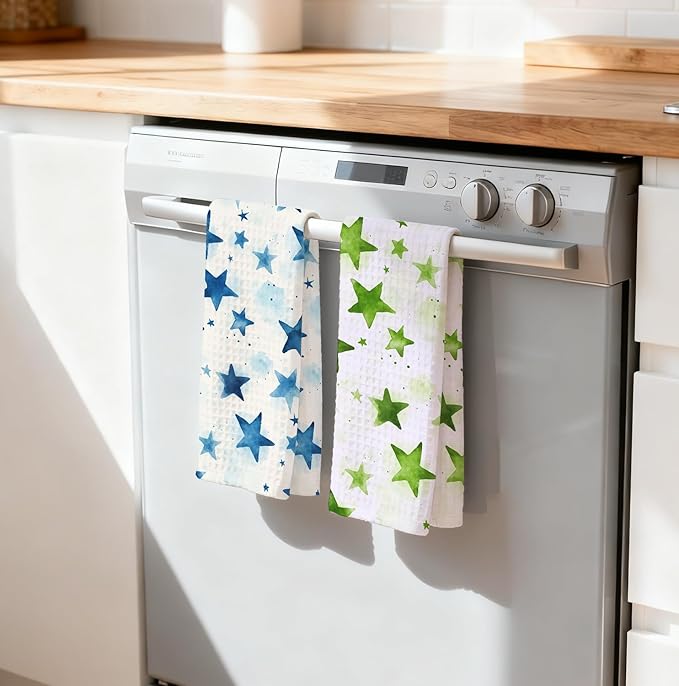 2-Pack Watercolor Star Towel, Star Waffle Towels, Nursery & Bathroom Hand Towel, 16x24 Inch Blue & Green Dish Tea Towel Decor for Kitchen & Nursery & Bathroom, Gift For Friends & Homeowners.