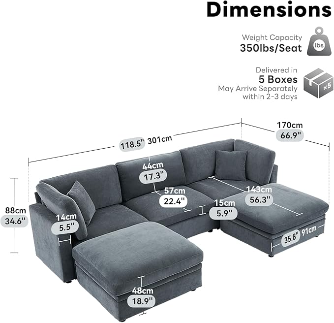 Tbfit Modern Sectional Sofa with Storage, Comfy Cloud Modular Couch with Down-Filled Cushions, Sofa for Home, Living Room, Grey