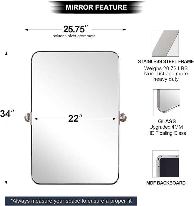 ANDY STAR 22"x34" Brushed Nickel Pivot Mirror for Bathroom, Silver Metal Frame Bathroom Mirrors for Wall，Rectangle Titling Vanity Wall Mirror with Rounded Corner Design Hangs Vertically Only