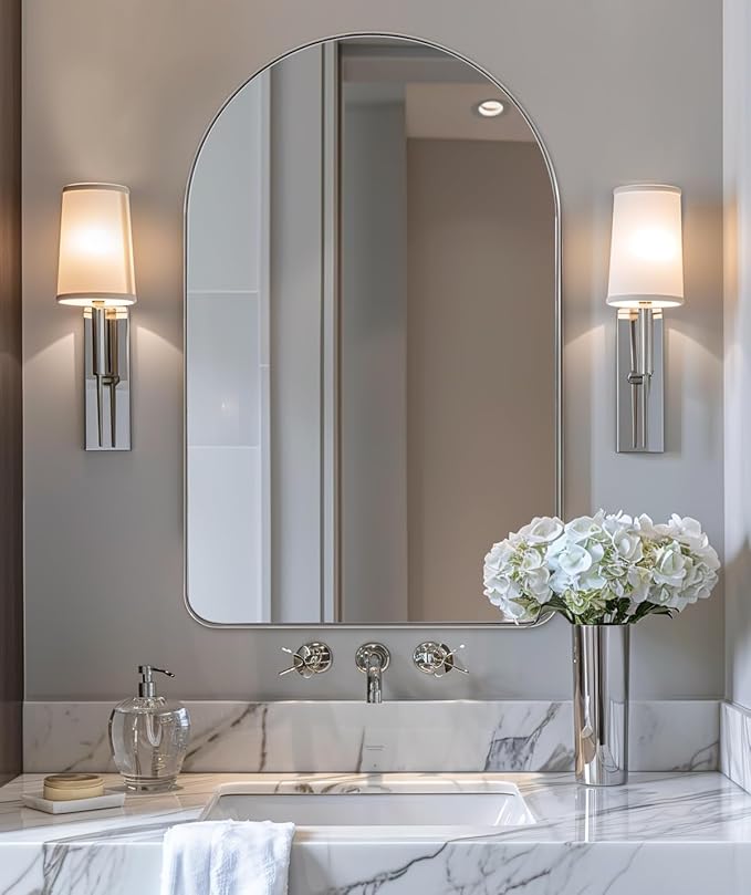 ANDY STAR Arched Mirror, 24 x 36 Inch Polished Chrome Bathroom Mirror with Stainless Steel Metal Frame, Arch Top Rounded Corner 1 Inch Deep Set Design Wall Mount Hangs Vertical
