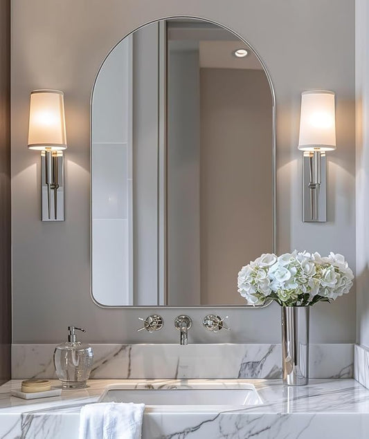 ANDY STAR Arched Mirror, 24 x 36 Inch Polished Chrome Bathroom Mirror with Stainless Steel Metal Frame, Arch Top Rounded Corner 1 Inch Deep Set Design Wall Mount Hangs Vertical