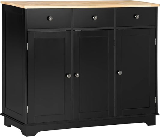 HOMCOM Sideboard with Solid Wood Countertop, Modern Kitchen Storage Cabinet, Coffee Bar Cabinet with 3 Drawers, Doors and Adjustable Shelf, Black