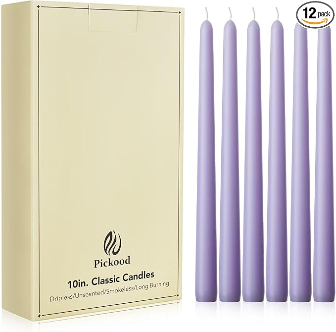 New Burning Formula Unscented Dripless 10-Inch Taper Candles Set of 12 - Lavender, for Wedding, Dinner - Smokeless, Long Burning - Hand Poured, Colored Tall Candlesticks - Lavanda
