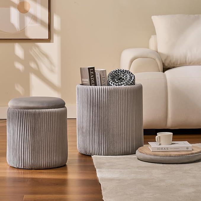 Round Set of 2 Ottoman with Storage-Upholstered Velvet Vanity Stool for MakeupMultifunctional Ottomans Coffee Table Padded Seat Foot Rest for Living Room&Bedroom(Ligth Grey)