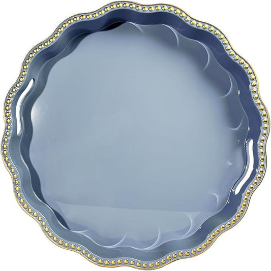 Blue Decorative Tray for Coffee Table, Wavy Scallop Beaded Plastic Serving Tray forKitchen Counter, Ottoman, Living Room, (13")